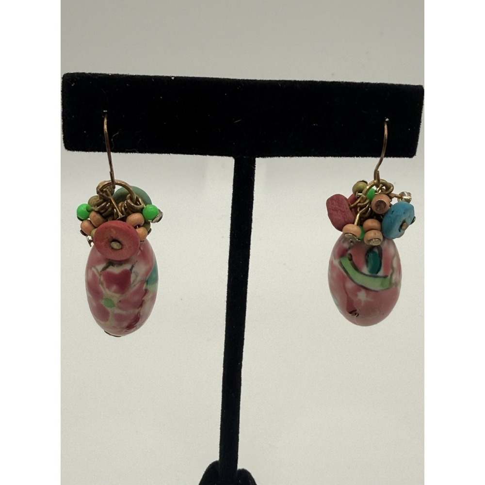 Painted Porcelain Earrings Pierced Hook Pink Floral Chip Stone Drop Dangle